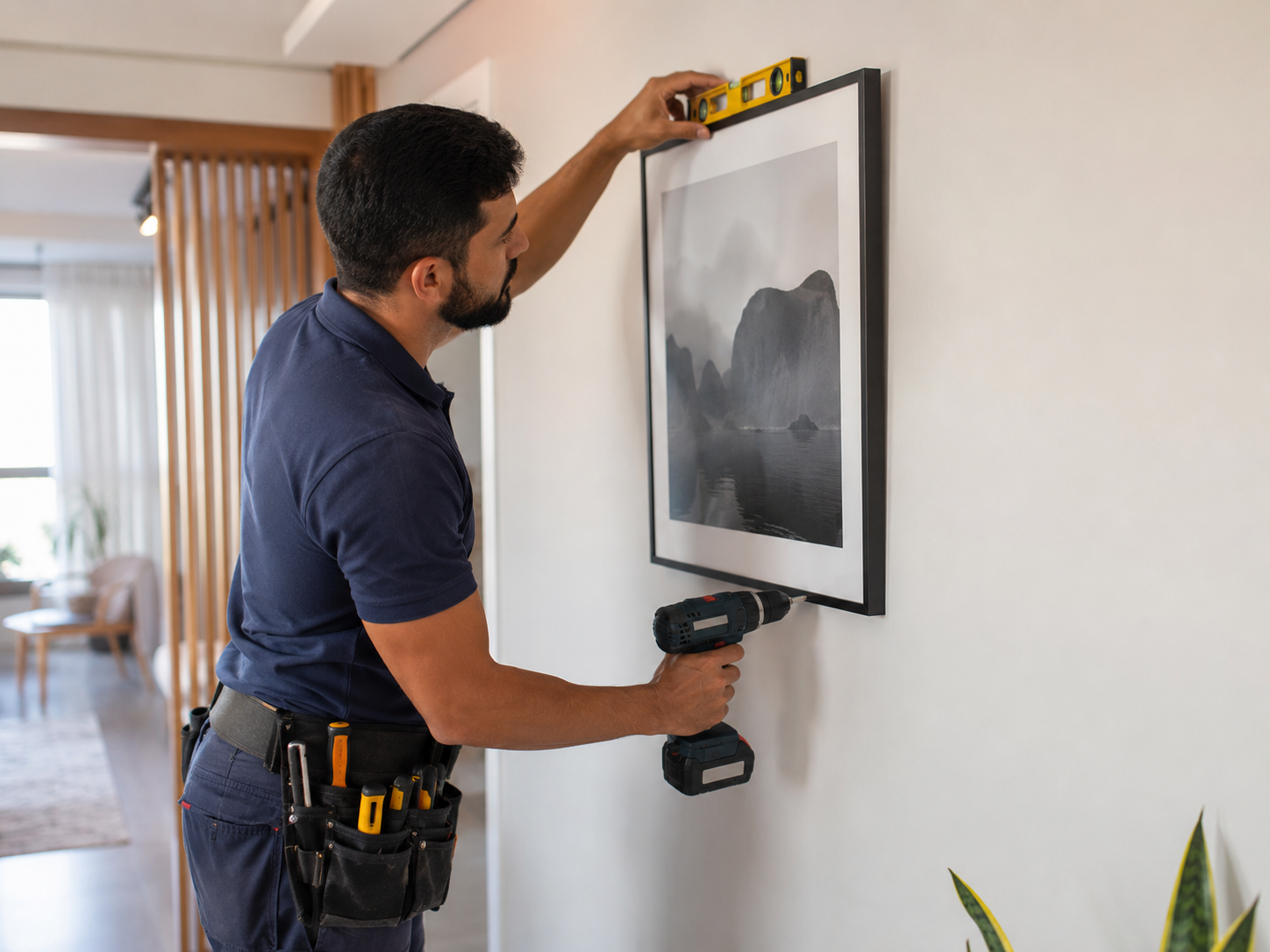 Profissional usando nivel e furadeira para pendurar quadro na parede